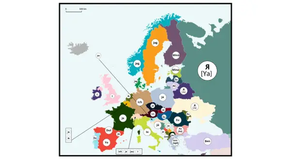 Mapa Europy z zaznaczonymi grupami języków, pokazująca jak brzmi "ja" w różnych językach: Jag, Jeg, Ich, Ja, Jaz, Minä, Eu, Yo, Ben.