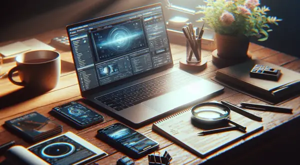 Na biurku leży otwarty laptop z zaawansowanym interfejsem, obok kubek kawy, telefony i lupa. To idealne miejsce, by dowiedzieć się, jak uruchomić laptopa.