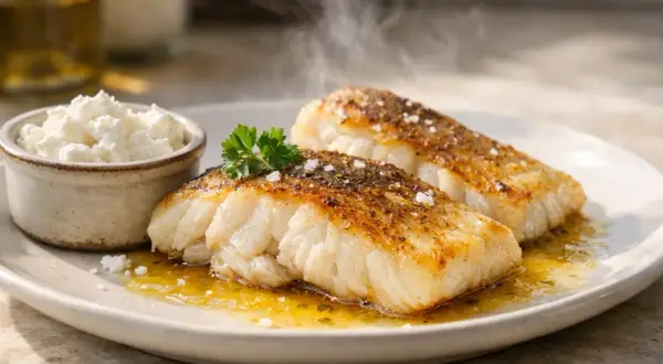 Deux beaux filets de lieu noir poêlés, servis avec une sauce dorée et un petit ramequin de fromage blanc.