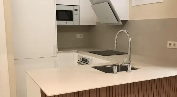 Cocinas pequeñas modernas con electrodomésticos integrados, encimera clara y grifería cromada.