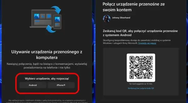 Łącze z telefonem: wybierz Android lub iPhone, by połączyć urządzenie z komputerem i synchronizować dane.