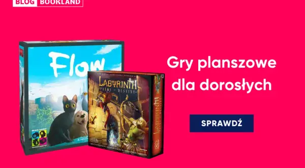 Dwie gry planszowe: "Flow" z kotem i psem oraz "Labyrinth: Paths of Destiny" z postaciami fantasy.
