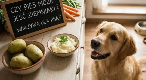 Złoty retriever z zaciekawieniem patrzy na miseczkę purée ziemniaczanego. Tabliczka pyta: "Czy pies może jeść ziemniaki?".