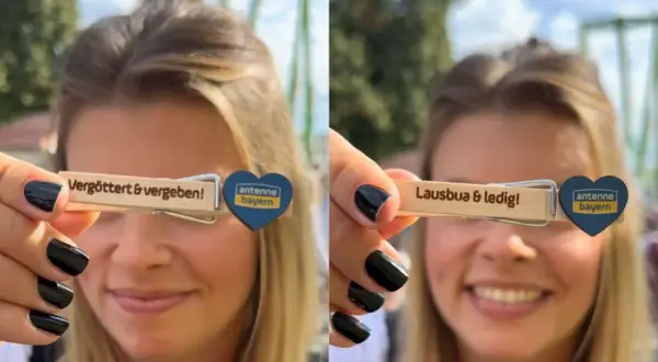 Frau hält Wäscheklammer mit Aufschrift "Lausbua & ledig!" und Antenne Bayern Logo. Beziehungsstatus: ledig.