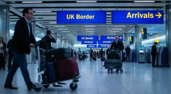 Na lotnisku w UK, podróżni z bagażami kierują się do odprawy. Zastanawiasz się, ile alkoholu do UK możesz przywieźć?