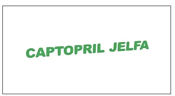 Napis CAPTOPRIL JELFA w kolorze zielonym, lekko pochyły.