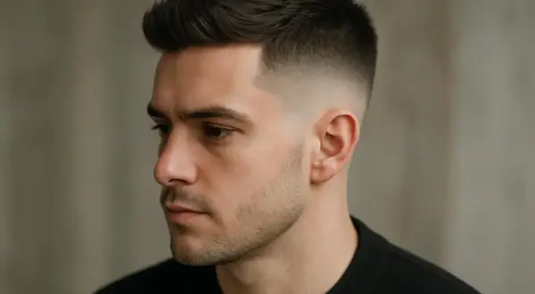 Un homme arbore une coupe pompadour homme moderne avec un dégradé net sur les côtés.