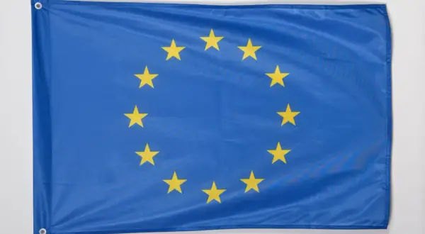 Niebieska flaga z dwunastoma złotymi gwiazdami ułożonymi w okrąg. To godło Unii Europejskiej, symbol jedności i solidarności.