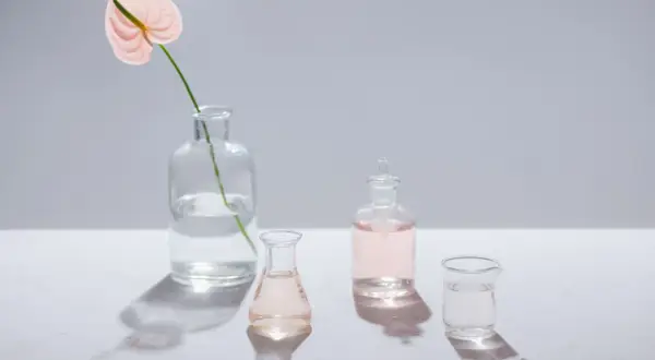 Różowa anturium w wazonie i szklane naczynia z płynami. Czy benzyl alcohol czy jest szkodliwy?