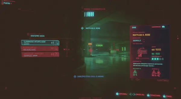 Widok z gry z interfejsem hakowania, cel: Matylda K. Rose, gang Animals. Rozpoznanie wzorca cyberpunk.