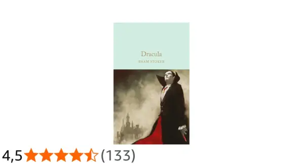 Ilustracja okładki książki "Dracula" Brama Stokera z wampirem i zamkiem w tle.