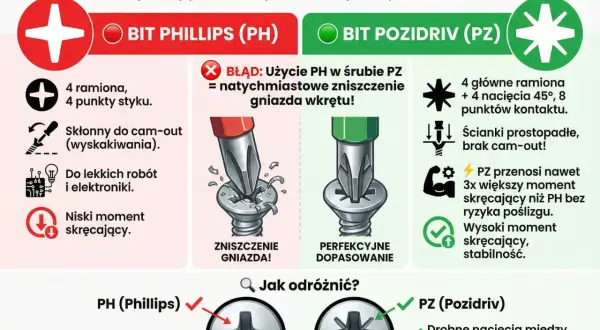 Porównanie rodzajów bitów do wkrętarek: PH (Phillips) i PZ (Pozidriv). PH ma 4 ramiona, PZ 8. PZ zapewnia lepsze dopasowanie i większy moment obrotowy.