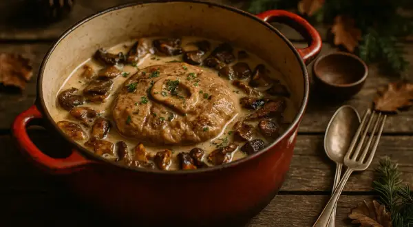 Un plat réconfortant d'osso bucco de dinde mijoté avec des champignons dans une sauce crémeuse, garni de persil frais.