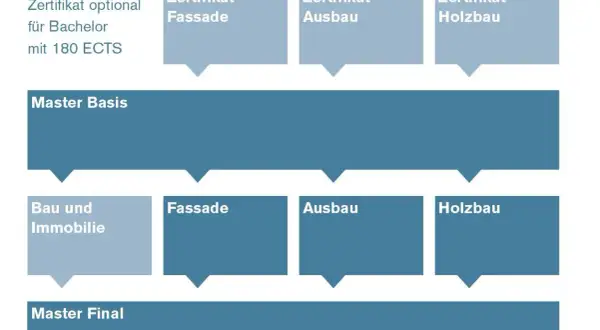 Struktur eines Fernstudium Projektmanagement: Master Basis, Wahlmodule (Fassade, Ausbau, Holzbau) und Master Final.