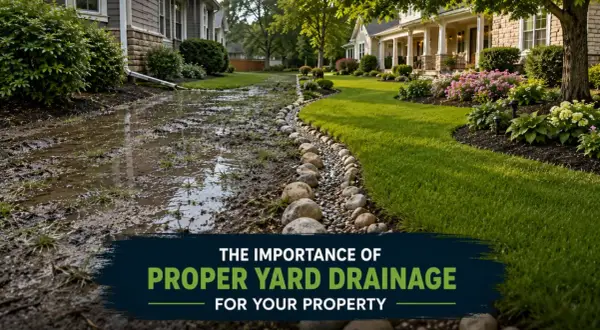 Muddy, waterlogged yard contrasts with a well-drained side, highlighting how to level a yard for proper drainage.