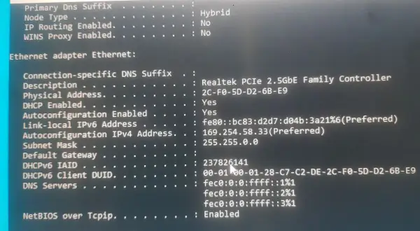 Komunikat o błędzie: karta sieciowa ethernet nie ma poprawnej konfiguracji protokołu IP. Widoczny jest adres IPv4 169.254.58.33.