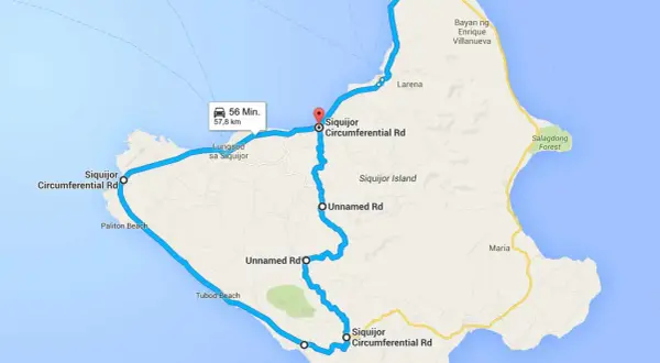 Route von Cebu nach Siquijor über die Inselstraße. 57,8 km, 56 Min. Fahrt.
