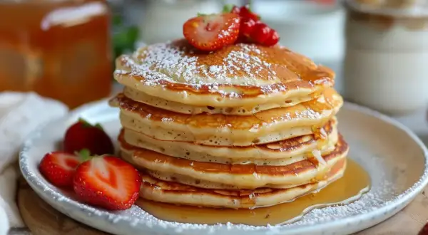 En hög med fluffiga pannkakor, toppade med färska jordgubbar och pudersocker. Serveras med sirap och yoghurt istället för mjölk.