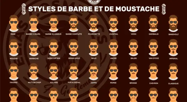 Illustration de styles de barbe, dont la barbe ducktail, pour hommes.