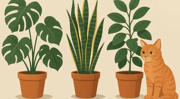 Trzy rośliny doniczkowe: monstera, sansewieria i fikusa, obok siedzi rudy kot. Czy kalia doniczkowa jest trująca?