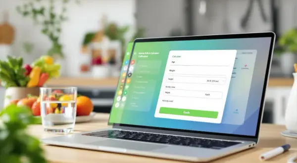 Kalkulator kalorii na laptopie pomaga ustalić, ile kalorii dziennie żeby schudnąć, wpisując dane.