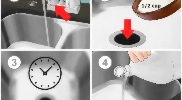 Steps to unclog a garbage disposal: 1. Run cold water. 2. Add baking soda. 3. Wait. 4. Pour vinegar.