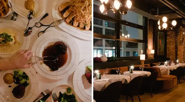 Ein festliches Abendessen in einem Berliner Restaurant Geheimtipp. Aufgetischte Speisen und ein stilvolles Ambiente mit Blick auf die Stadt.