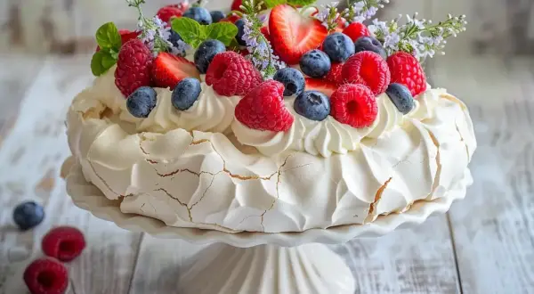 Vacker pavlova med grädde och färska bär, perfekt för ett sommarfika. Ett enkelt pavlova recept att prova!