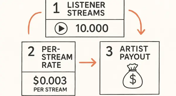 Diagram shows how to make money on Spotify: 10,000 streams at $0.003 per stream equals artist payout.
