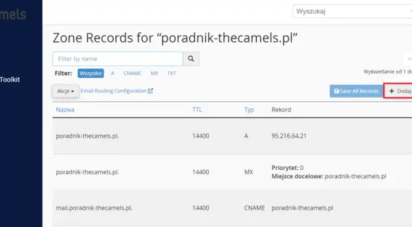 Zarządzanie rekordami DNS dla poradnik-thecamels.pl. Widoczne opcje edycji i usuwania wpisów.