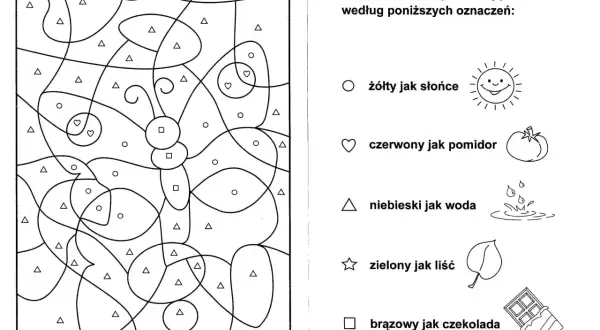 Karnawał karty pracy przedszkole: pokoloruj motyla według symboli. Koło to żółty jak słońce, serce czerwony jak pomidor, trójkąt niebieski jak woda.