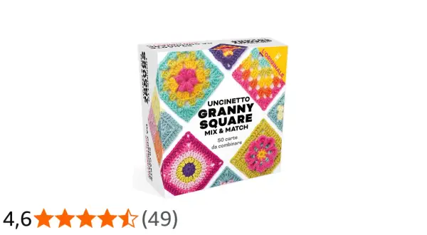 Box of "Uncinetto Granny Square Mix & Match" cards featuring colorful crochet squares.