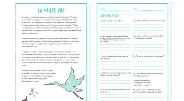 Hoja de trabajo para comprensión lectora 4 primaria. Fábula "La mejor voz" con preguntas para imprimir.