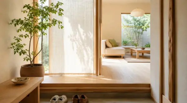 Jasny hol z rośliną i ławką, zgodny z zasadami feng shui. W tle salon z sofą i widokiem na ogród.