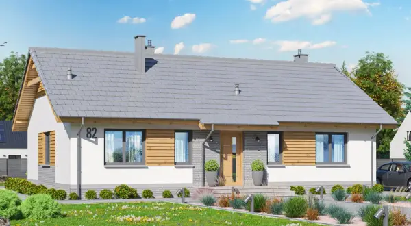 Nowoczesny domek kanadyjski parterowy z drewnianymi elementami i dużymi oknami. Otoczony zielenią i zadbanym ogrodem.