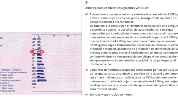 Permiso de conducir B2, con un coche rojo resaltado, autoriza a conducir automóviles y conjuntos de vehículos.
