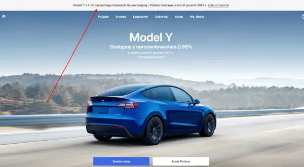 Niebieski Tesla Model Y na drodze. Czy ładowanie Tesli jest darmowe? Sprawdź warunki promocji na 1 rok darmowego ładowania Supercharging.