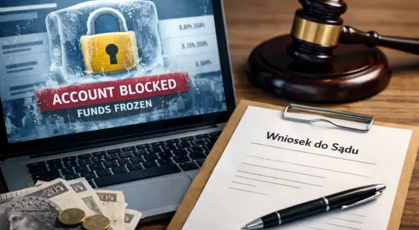 Zablokowane konto i zamrożone środki. Na biurku leży wniosek do sądu, młotek sędziowski i pieniądze, sugerując opłatę od wniosku o zabezpieczenie.