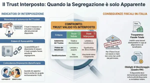 Infografica su trust interposto, confronto con trust valido, indicatori di interposizione e conseguenze fiscali in Italia. Utile per pianificazione successoria e fondo fiduciario vivente.