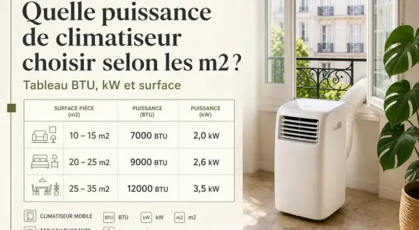 Tableau indiquant combien de BTU par m2 sont nécessaires pour choisir la bonne puissance de climatiseur mobile, avec des exemples pour différentes surfaces.