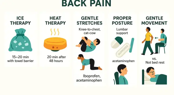 Tips for instant relief from back pain, including ice therapy, heat therapy, gentle stretches, proper posture, and gentle movement, to combat dolor de espalda al dormir.