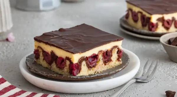Ein Stück saftiger Kirsch-Schoko-Blechkuchen mit zarter Vanillecreme und Schokoladenglasur. Perfekt für leckere Blechkuchen Rezepte.
