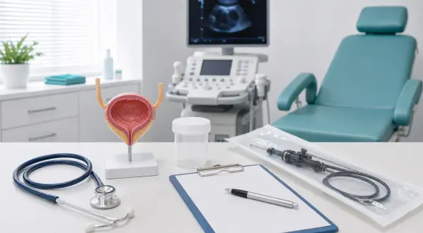 Model pęcherza, stetoskop, przyrządy i krzesło zabiegowe. Przygotowanie do cystoskopii u mężczyzn.