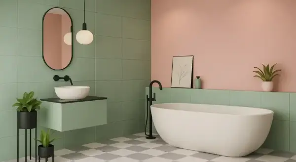Salle de bain moderne avec baignoire îlot, lavabo suspendu et carrelage vert et rose. Idéal pour peindre le plafond de la salle de bain.