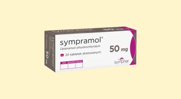 Opakowanie leku sympramol 50 mg, zawierające 20 tabletek drażowanych.