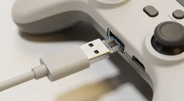 Szary kontroler z podłączonym kablem USB. Dowiedz się, jak podłączyć pada od PS4 do Xbox One, używając tego adaptera.