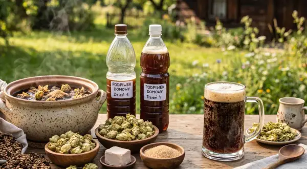 Domowy podpiwek, czy ma alkohol? Na stole składniki do jego produkcji: słód, chmiel, drożdże i cukier. Obok butelki z napojem i kufel pełen piany.