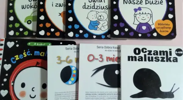 Książeczki kontrastowe dla niemowląt, idealne, kiedy dziecko widzi kolory. Różne tematy: świat wokół, zwierzęta, twarze, a także książeczki z podziałem na wiek.
