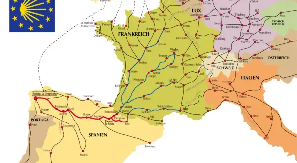 Mapa szlaków pielgrzymkowych do Santiago de Compostela z zaznaczonymi trasami przez Francję, Hiszpanię i Włochy.