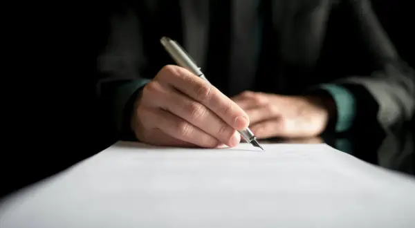 Dłoń pisze piórem na dokumencie. Może to być dziennik budowy, przerwa we wpisach lub ważny kontrakt.